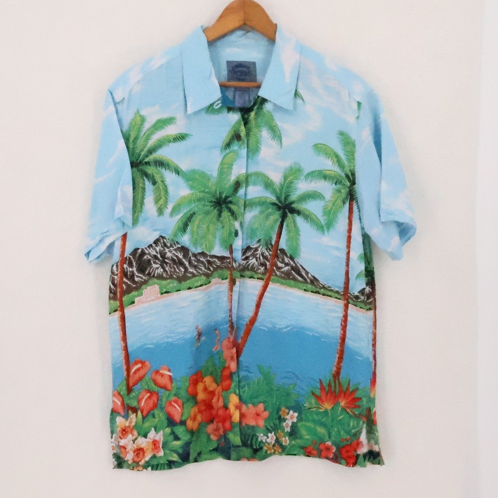 Cambridge Dry Goods Tropical Hawaiian Shirt Womens Size L Blue Surf Luau Beach